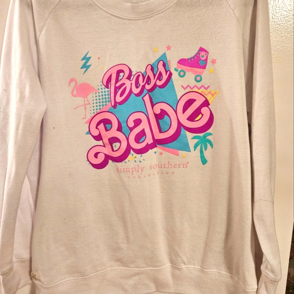 Simply Southern Boss Babe Sweatshirt - White and Pink